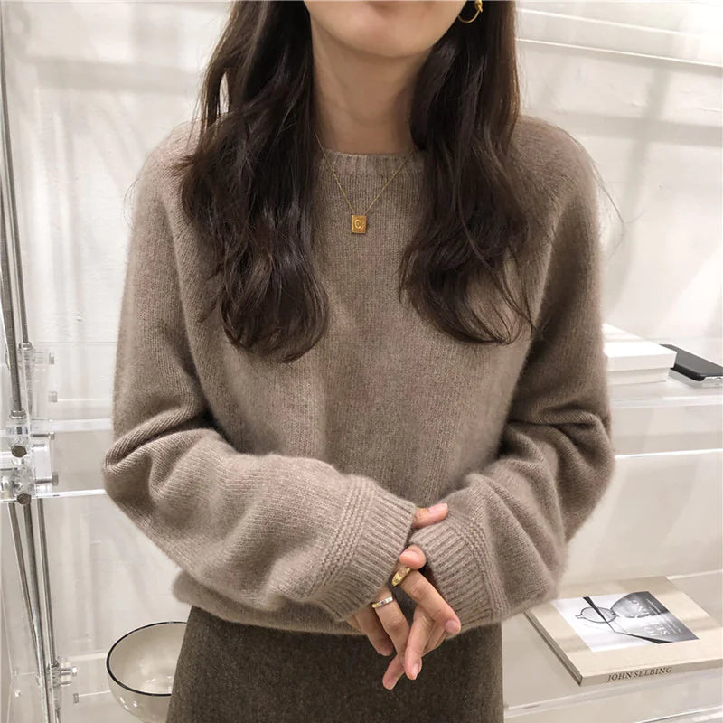 Basic Woolen Loose Round Neck Sweater For Women